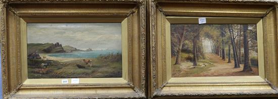 G. Wright and J. Morris Cattle on the coast and Sheep on a country lane 30 x 50cm, framed as a pair